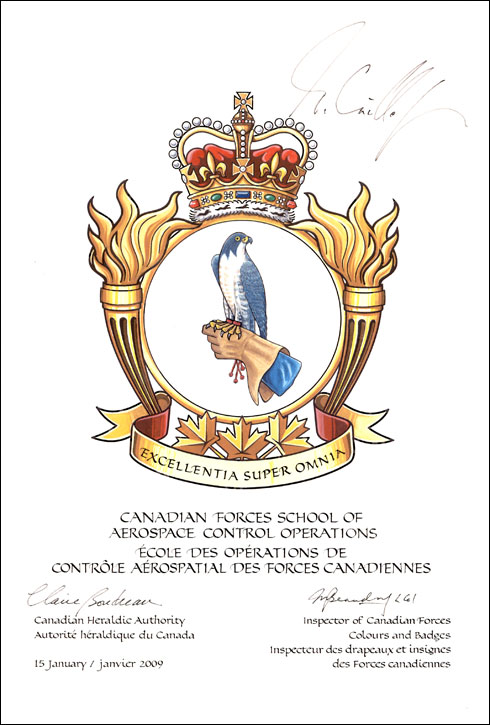 Letters patent approving te Badge of the Canadian Forces School of Aerospace Control Operations (CFSACO)