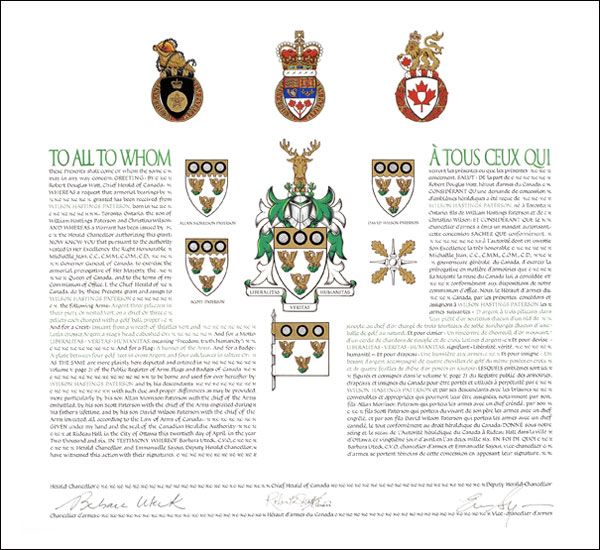 Letters patent granting heraldic emblems to Wilson Hastings Paterson