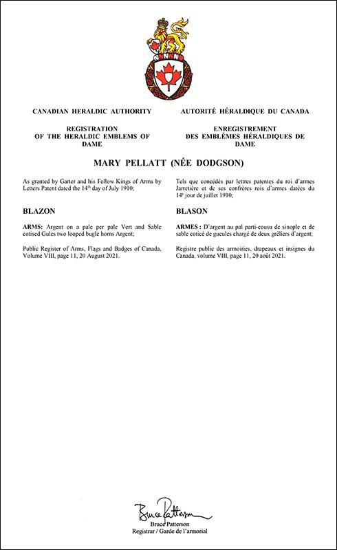 Letters patent registering the heraldic emblems of Mary Pellatt (née Dodgson)