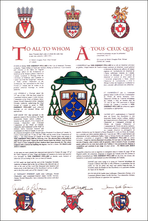 Letters patent granting heraldic emblems to Neil Emerson Willard