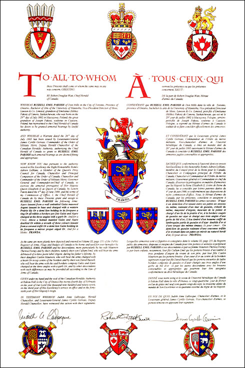 Letters patent granting heraldic emblems to Russell Emil Pakosh