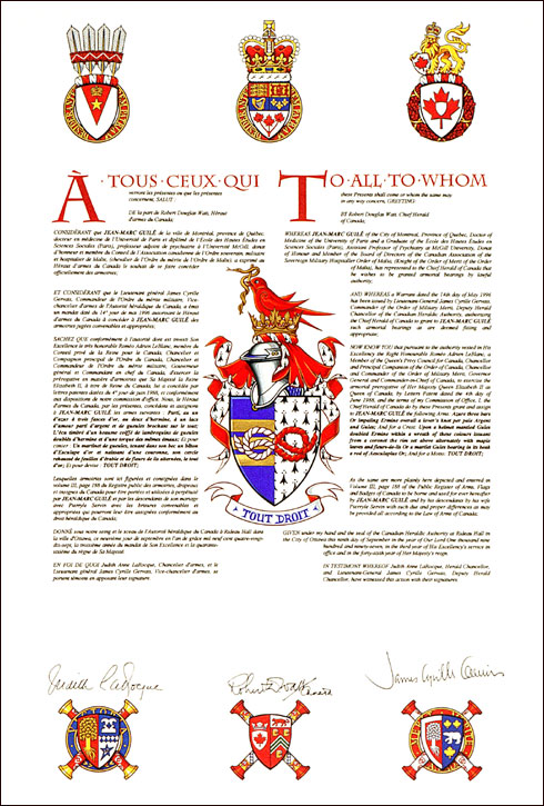 Letters patent granting heraldic emblems to Jean-Marc Guilé