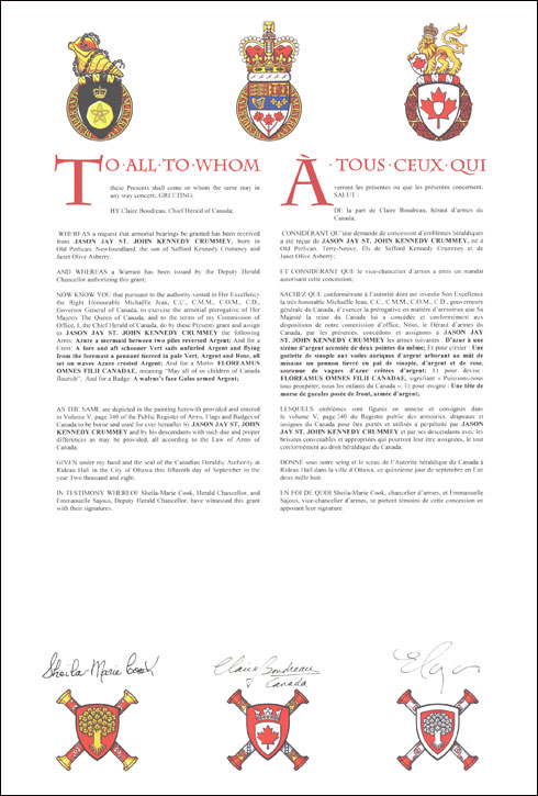 Letters patent granting heraldic emblems to Jason Jay St. John Crummey