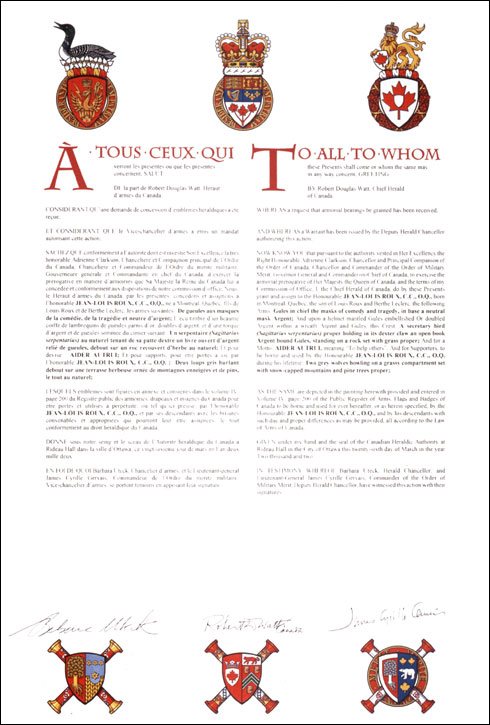 Letters patent granting heraldic emblems to Jean-Louis Roux