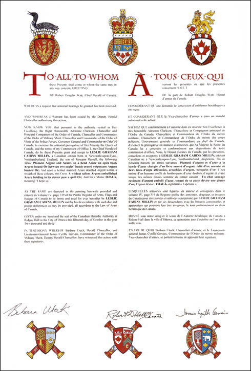 Letters patent granting heraldic emblems to Leslie Graham Cairns Millin