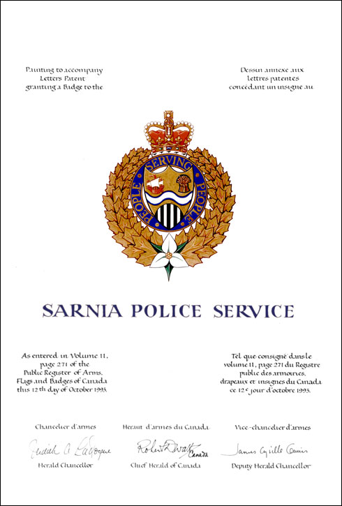 Letters patent granting a Badge to the Sarnia Police Service