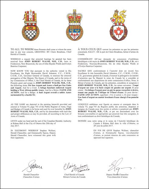 Letters patent granting heraldic emblems to John Robert Walsh