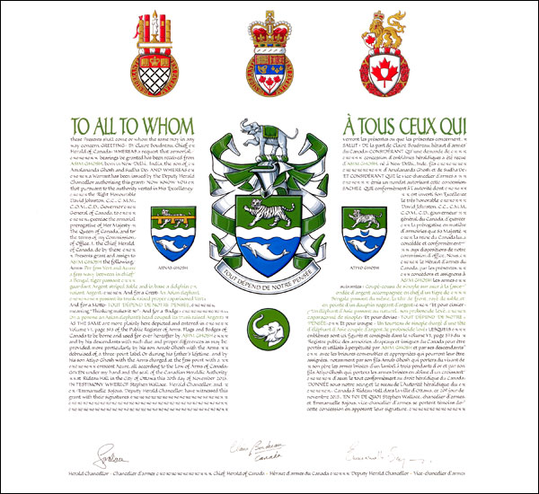 Letters patent granting heraldic emblems to Asim Ghosh