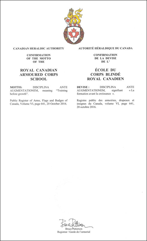 Letters patent confirming the Motto of the  Royal Canadian Armoured Corps School