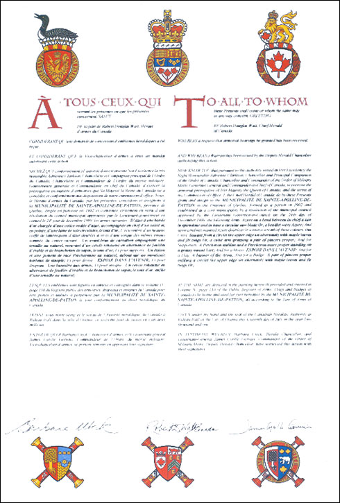 Letters patent granting heraldic emblems to the Municipalité de Sainte-Apolline-de-Patton