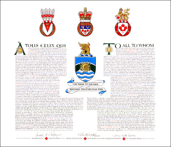 Letters patent granting heraldic emblems to the Municipalité de Berthier-sur-Mer