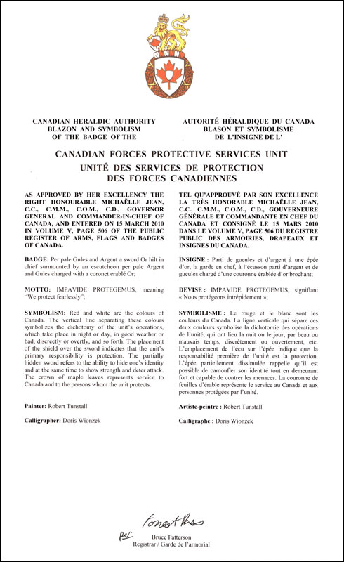 Letters patent approving the Badge of the Canadian Forces Protective Services Unit