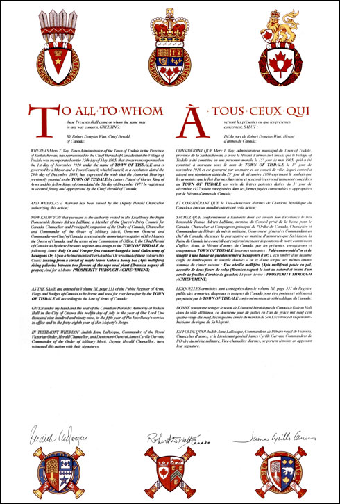 Letters patent registering the heraldic emblems of the Town of Tisdale