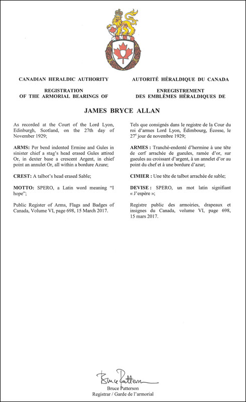 Letters patent registering the heraldic emblems of James Bryce Allan