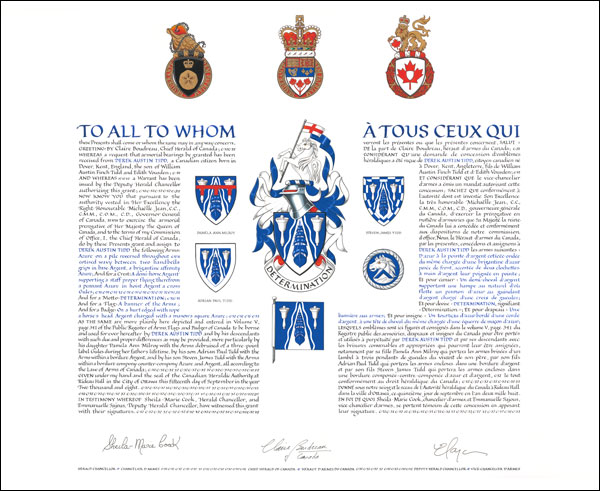 Letters patent granting heraldic emblems to Derek Austin Tidd