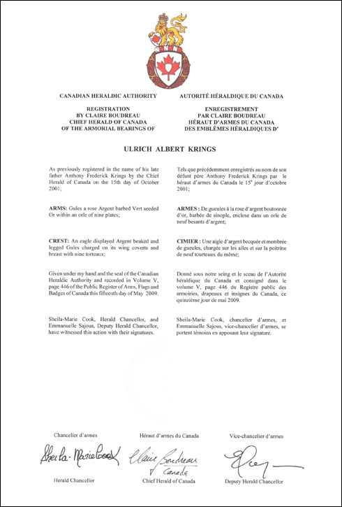Letters patent registering the heraldic emblems of Ulrich Albert Krings