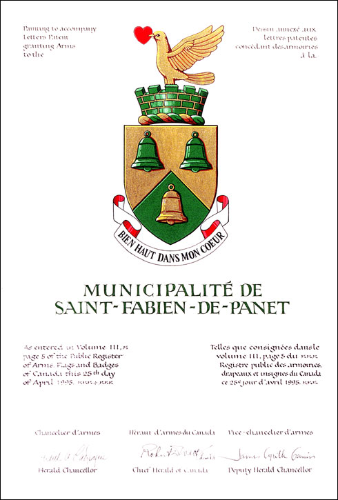 Letters patent granting heraldic emblems to the Municipalité de Saint-Fabien-de-Panet