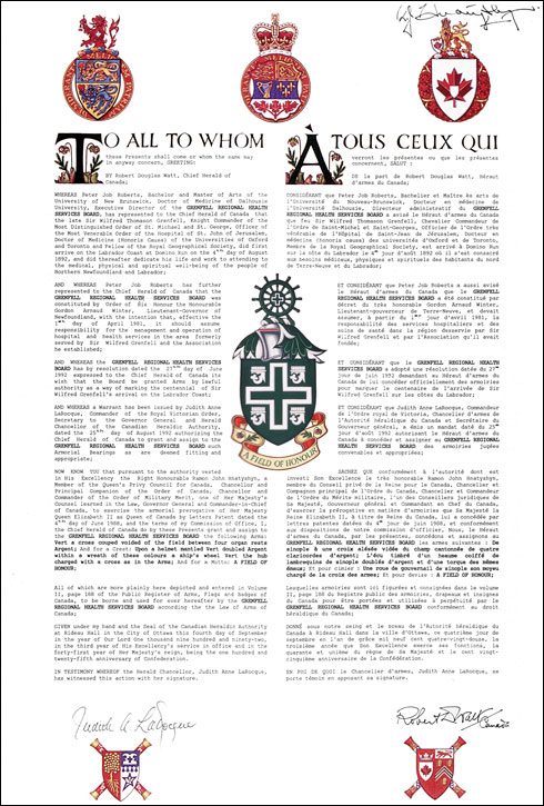 Letters patent granting heraldic emblems to the Grenfell Regional Health Services Board