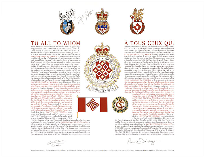 Letters patent granting heraldic emblems to the  Supreme Court of Canada