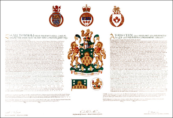 Lettres patentes concédant des emblèmes héraldiques à The Corporation of the Town of Markham
