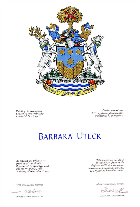 Letters patent granting heraldic emblems to Barbara Uteck