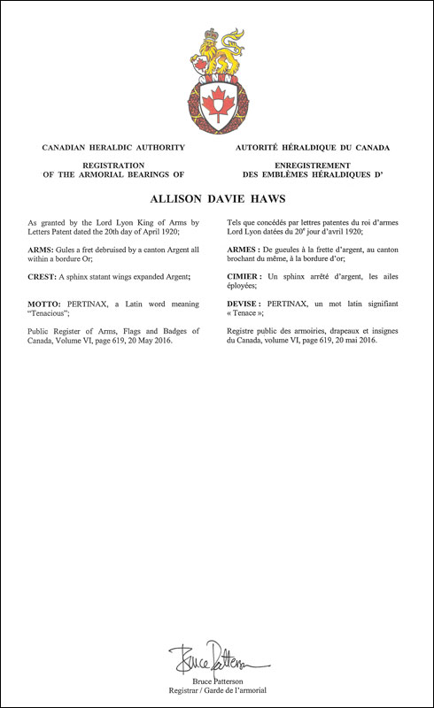 Lettres patentes enregistrant les emblèmes héraldiques d'Allison Davie Haws