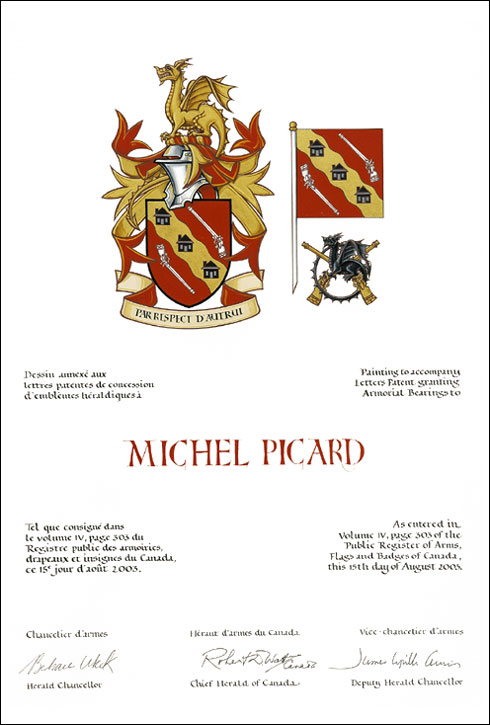 Letters patent granting heraldic emblems to Michel Picard