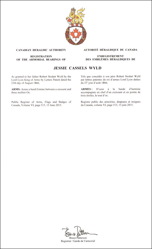 Letters patent registering the heraldic emblems of Jessie Cassels Wyld