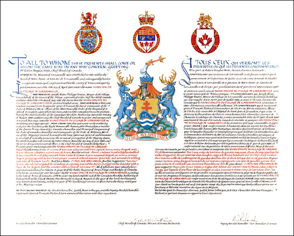 Letters patent granting heraldic emblems to the Municipalité du village de Lorrainville