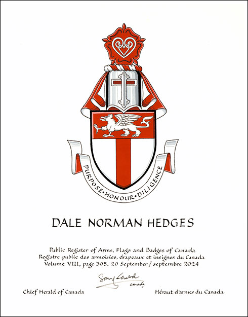 Letters patent granting heraldic emblems to Dale Norman Hedges