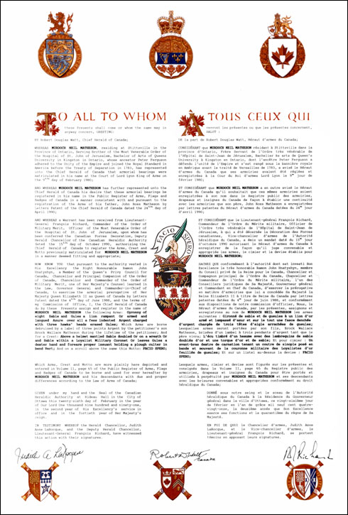 Letters patent registering the heraldic emblems of Murdoch Neil Matheson