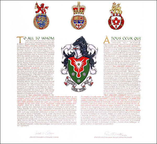 Letters patent granting heraldic emblems to Paul Gregory Gemmiti