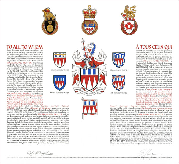 Letters patent granting heraldic emblems to Benjamin Joel Trister