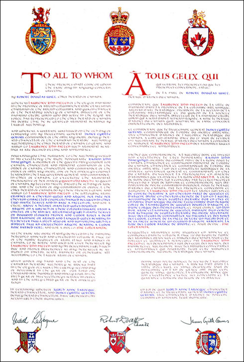 Letters patent granting heraldic emblems to Lawrence John Patten