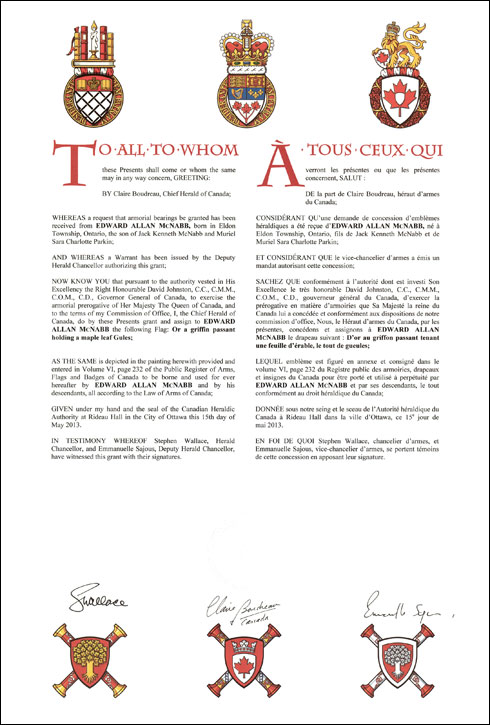 Letters patent granting a Flag to Edward Allan McNabb