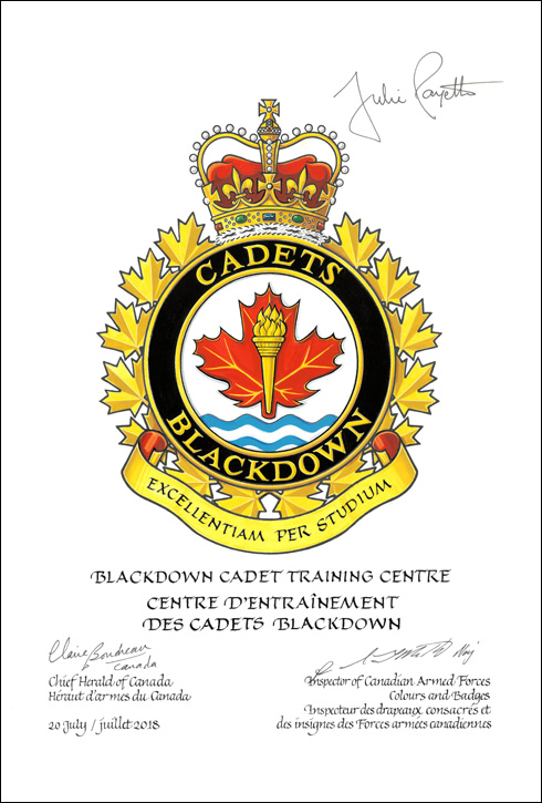 Letters patent approving the heraldic emblems of the Blackdown Cadet Training Centre