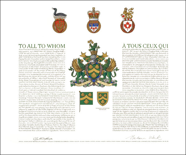 Letters patent granting heraldic emblems to Glenn Victor Davidson
