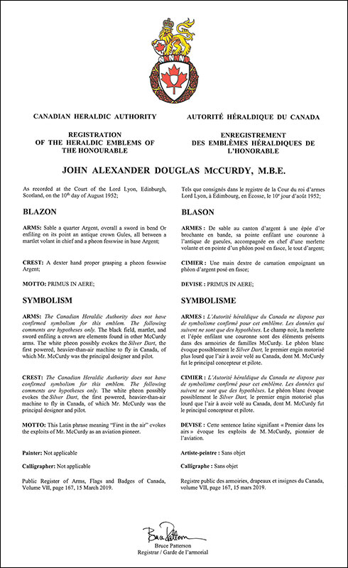 Letters patent registering the heraldic emblems of John Alexander Douglas McCurdy