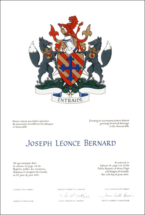 Letters patent granting heraldic emblems to Joseph Léonce Bernard