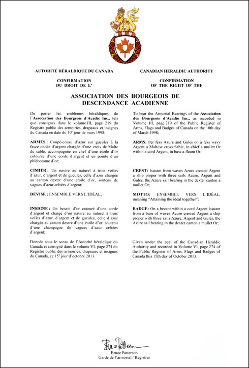 Letters patent confirming the heraldic emblems of the Association des Bourgeois de descendance acadienne