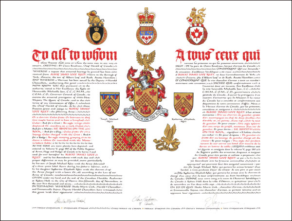 Letters patent granting heraldic emblems to Albert James Loof Riley