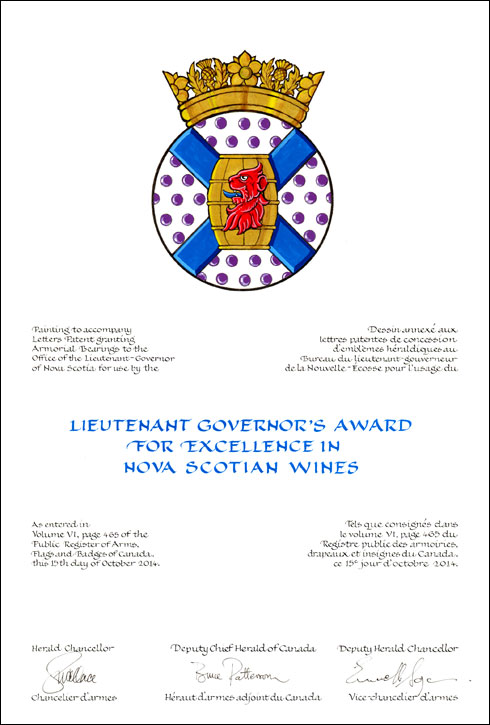 Letters patent granting a Badge for use by the Lieutenant Governor’s Award for Excellence in Nova Scotian Wines