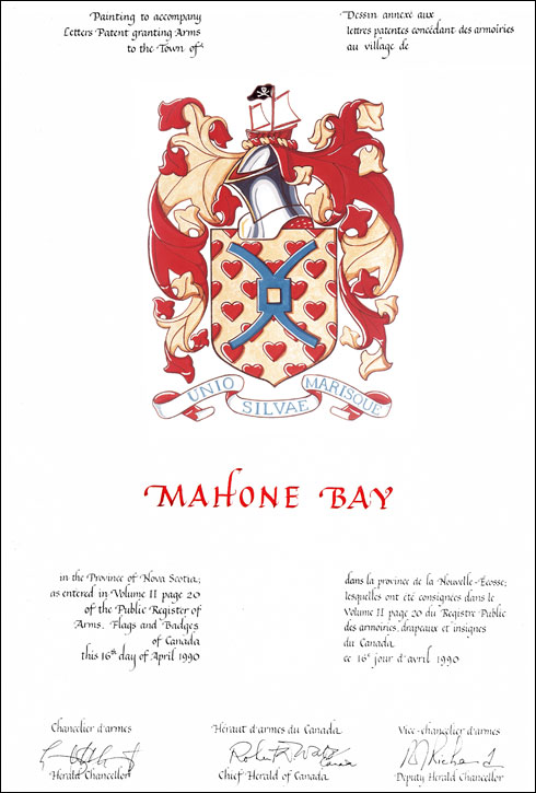 Letters patent granting heraldic emblems to the Town of Mahone Bay