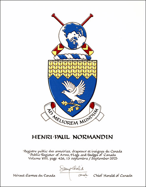 Letters patent granting heraldic emblems to Henri-Paul Normandin
