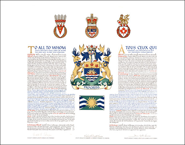 Letters patent granting heraldic emblems to the City of Orillia