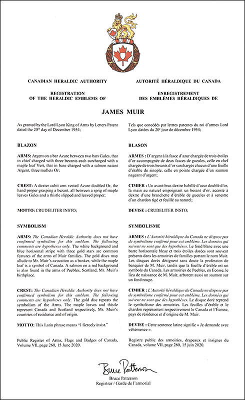 Letters patent registering the heraldic emblems of James Muir
