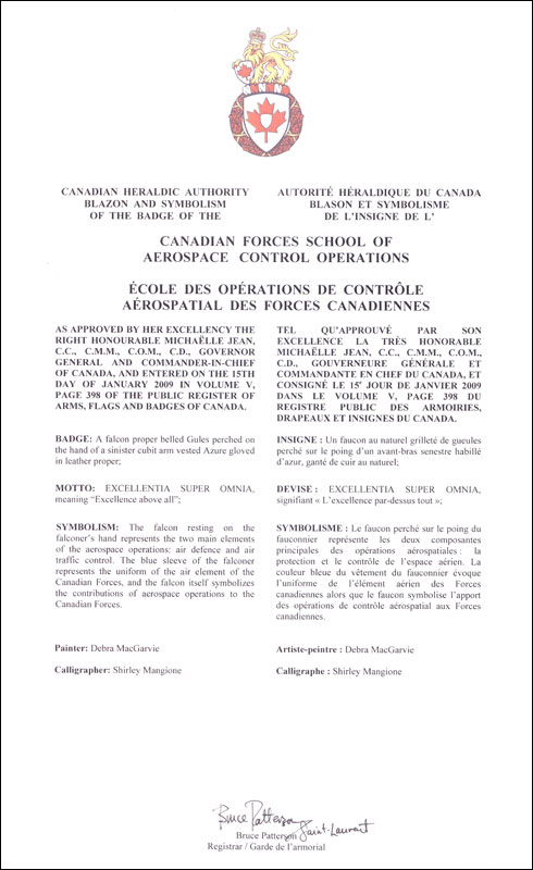 Letters patent approving the Badge of the Canadian Forces School of Aerospace Control Operations (CFSACO)