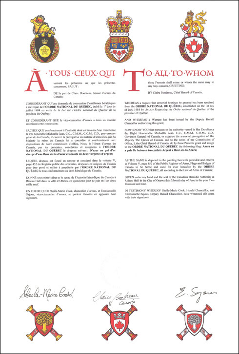 Letters patent granting a Flag to the Ordre national du Québec