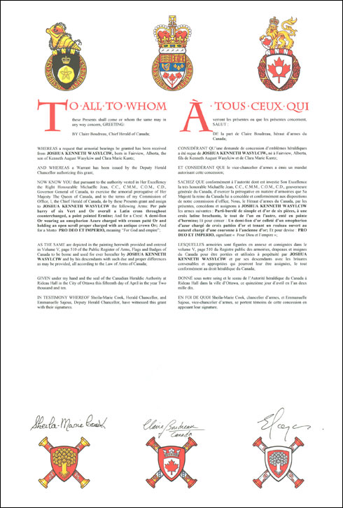 Letters patent granting heraldic emblems to Joshua Kenneth Wasylciw