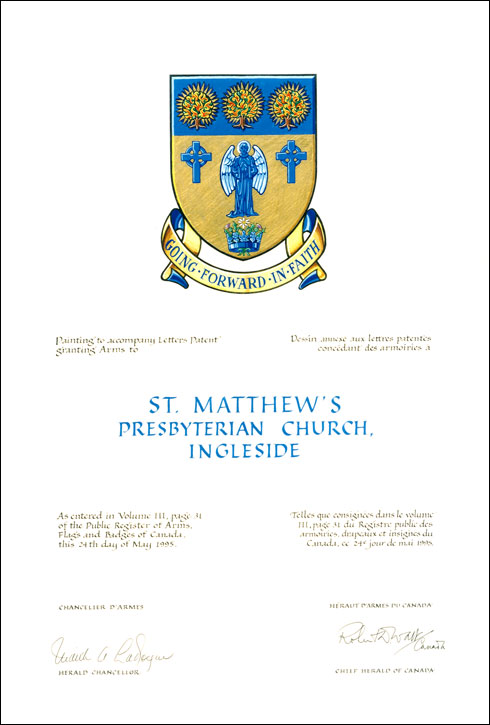 Lettres patentes concédant des emblèmes héraldiques à la St. Matthew's Presbyterian Church